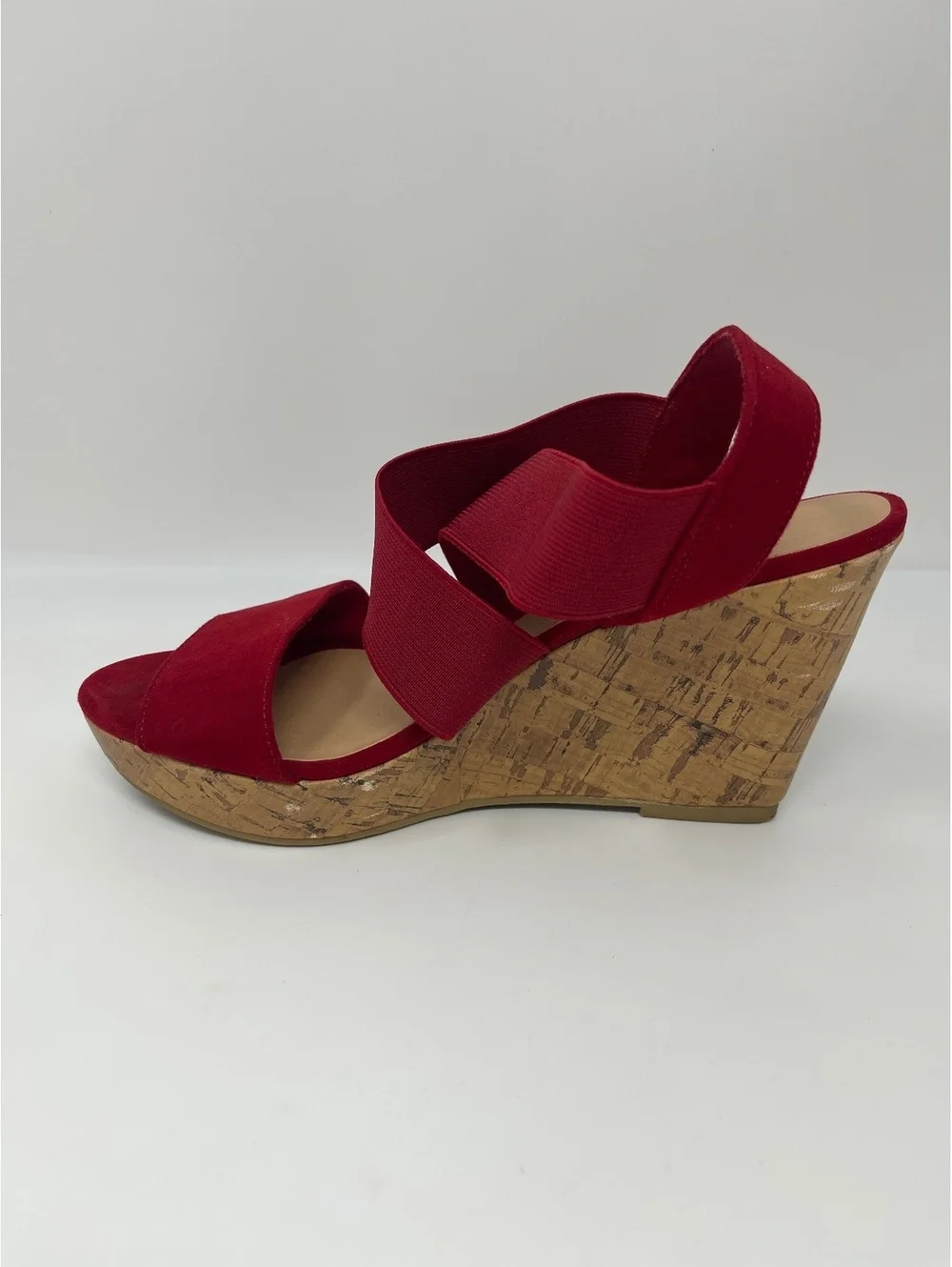 American Eagle Heels Womens Sz 9.5 Wedge Platform Sandals Red Suede Elastic Cork